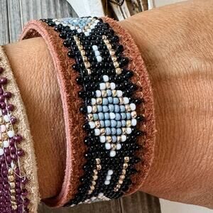 Western Aztec Seed Bead Leather Cuff Bracelet Black Gray
